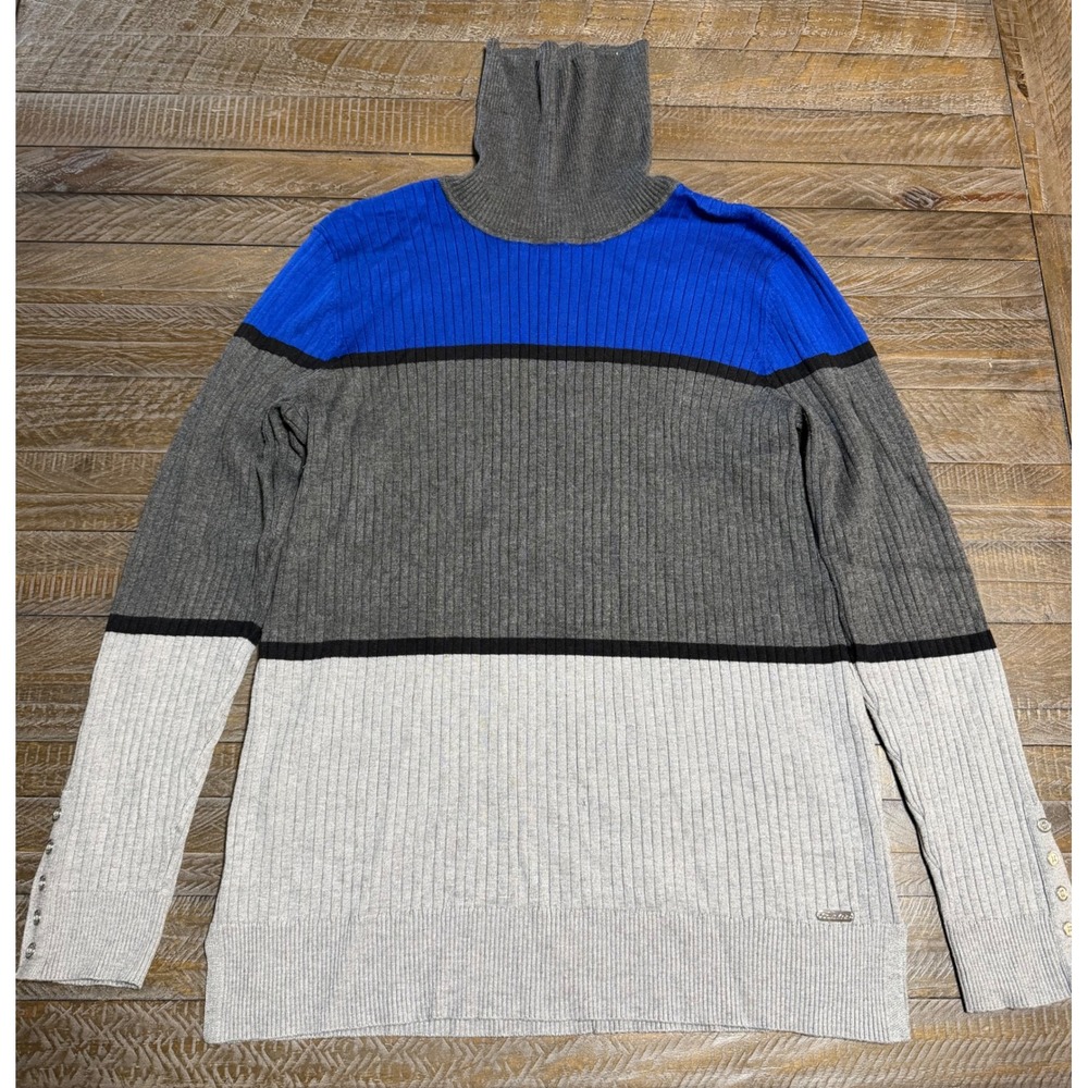 Calvin Klein Turtleneck Womens L Blue Gray Colorblock Ribbed Sweater Preloved